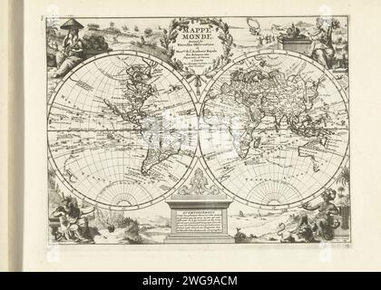 Weltkarte, 1726, 1726 drucken Weltkarte mit den beiden Halbrunden und in den Ecken die Personifikationen von vier Kontinenten. Platte Nr. 13 in Teil I des Druckwerks: Les Forces de l’Europe, Asie, Afrique et Amerique ... Comme aussi Les Cartes des Côtes de France et d’Espagne aus dem Jahr 1726, dieser erste Teil mit 238 handnummerierten Schildern bekannter starker Städte und Festungen im Kontext des Spanischen Erbfolgekrieges 1701–1713. Zum größten Teil wurden diese Aufzeichnungen in die anonymen französischen Aufzeichnungen bekannter starker Städte und Kräfte kopiert: In Les Forces de l’Europe und in: Le Theater Stockfoto