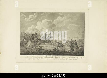 Prinz von Orange führt die niederländischen Truppen in Quatre-Bras, 1815, Anonym, 1815 Druck Willem Frederik George, Prinz von Orange, führt die niederländischen Truppen gegen einen französischen Angriff während der Schlacht von Quatre-Bras am 16. Juni 1815 an. Siehe auch Hängegerät. Niederlande Papierätzkampf (+ Landstreitkräfte) achtzig-weiß Stockfoto