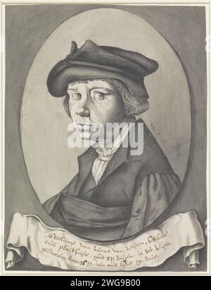 Porträt von Lucas van Leyden, links in Ovaal, anonym, nach Andries Jacobsz. Stock, 1582 - 1698 Zeichenpapier. Tintenstift-/Pinselporträt, Selbstporträt des Künstlers. Historische Personen Stockfoto