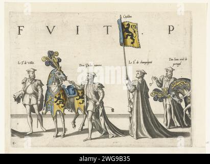 Teil der Parade, nein 8, 1619 drucken Sie vier Teilnehmer der Parade, Pferde und das Banner mit der Waffe von Gelre. Teil der Druckserie der Trauerprozession von Kaiser Karel V. am 29. Dezember 1558 in Brüssel. Südholland Papierätzung / Gravur Cortege, Trauerprozession Brüssel. Gelder Stockfoto