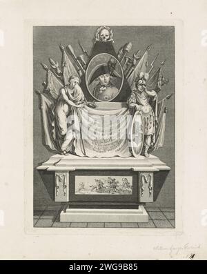 Allegorisches Grabdenkmal für Prinz Frederik, 1799, Anonym, 1799 drucken allegorisches Grabdenkmal für Willem Georg Frederik, Prinz von Oranje-Nassau, starb am 6. Januar 1799 in Padua. Denkmal mit ovalem Porträt des Prinzen, umgeben von Bannern. Ein Tuch mit einem frischen Tuch, das von trauernder Gerechtigkeit und marsch gestoppt wurde. Niederlande Papierätzung / Gravur Grabbau, monumentales Grab Stockfoto