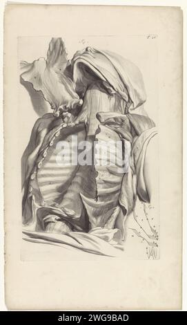 Anatomische Studie der leeren Brust, Pieter van Gunst, nach Gerard de Lairesse, 1685 Print Anatomische Studie der offenen Brust, ohne Darm entfernt. Oben rechts nummeriert T. 26. Amsterdam Papier Gravurkiste, Büste. Thorax. Rippen Stockfoto