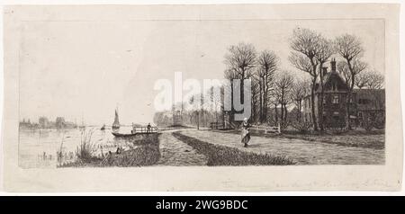 Häuser an der Amstel, Elias stark, 1887 Druckhäuser entlang des Flusses Amstel. Eine Frau läuft auf der Straße. Nieuwer-Amstel Papierätzung Fluss (+ Landschaft mit Figuren, Personal) Amstel (Fluss) Stockfoto