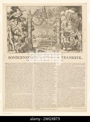 Allegory über die Siege der Alliierten im Jahr 1706, 1706 Druck Allegory über die Siege der Alliierten über die Franzosen im Jahr 1706. Ehrenmoor mit Porträts des Herzogs von Marlborough, des Prinzen Eugenius von Savoye und des Herrn von Ouwerkerk. Mit kleinen Aufführungen der Schlacht von Ramillies, der Relief von Turin und Barcelona. Links Herkules mit dem niederländischen Löwen, dem englischen Einhorn und dem deutschen Adler. Rechts Fortuna mit den Fürsten von Frankreich, Köln und Bayern. Rechts in der Luchht verteidigt die Justiz den Fall Karel III Auf das Blatt gedruckt Stockfoto