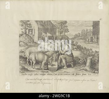 Der verlorene Sohn als Schweinehund, Hans Collaert (I), nach Chrispijn van den Broeck, 1585 Druck der verlorene Sohn hat sein Erbe verschwendet und arbeitet mit einem Bauern als Schweineherde. Er kniet mit den Schweinen und isst mit ihnen aus dem Futter. Rechts im Hintergrund wird der verlorene Sohn aus dem Bordell gejagt, weil sein Geld aufgebraucht ist. Unter der Ausstellung ist ein lateinischer Hinweis auf den Bibeltext in Luc zu sehen. 15. Antwerpener Papier, in dem der verlorene Sohn graviert ist, pflegt die Schweine und isst aus ihrem Trog. Als sein ganzes Geld verschwendet wird, wird der verlorene Sohn von den Huren verjagt Stockfoto