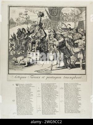 Cartoon on Louis XIV and the Dauphin, 1689, Romeyn de Hooghe (zugeschrieben), nach Romeyn de Hooghe, 1689 Print Cartoon on Louis XIV (Harlekijn) und Lodewijk, Dauphin van France, 1689. Der Dauphin auf einem von Kröten gezogenen Triumphwagen wird sein Vater Ludwig XIV. Von einem deutschen Soldaten zum Kampf angehalten. Rechts der Papst und der Kardinal von Fürstenberg. Auf der linken Seite flüchtet der Jesuitenvater Peters (Edward Petre) mit Mary van Modena und dem armen Kind Jacobus Frans Eduard auf einem Esel. Im Hintergrund Jacobus II und Willem III Unter der Abbildung ein Vers in 3 Spalten mit einer Erläuterung der Zahlen 1- Stockfoto