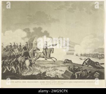 Prinz von Orange führt die niederländischen Truppen bei Quatre-Bras, 1815, Willem Hendrik Hoogkamer, 1815 Druck Willem Frederik George, Prinz von Orange, führt die niederländischen Truppen gegen einen französischen Angriff während der Schlacht von Quatre-Bras am 16. Juni 1815 an. Druckerei: Netherlandspublisher: Amsterdam Papierätzkampf (+ Landstreitkräfte) achtzig-weiß Stockfoto