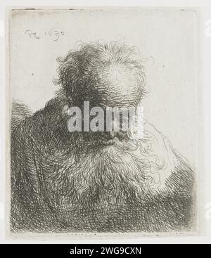 Büste eines alten Mannes mit fließendem Bart: Kopf nach vorne geneigt: Linke Schulter unschattiert, Rembrandt van Rijn, 1630 Druckpapier-Ätzung Stockfoto