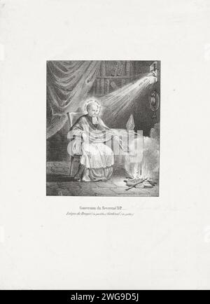 Cartoon on the Conversion of the liberal Louis de Potter, 1828, 1828 Print Cartoon in der liberalen Louis de Potter, ehemals sehr liberal und antikatholisch, der 1828 für die klerikale Partei streikt. Porträt des Potter als Bischof von Brügge, in einem Lernmerkmal sitzend, mit Aureool und geschützt vom Licht „Fiat Lux“, das durch ein Fenster fließt. Er verbrennt seine früheren antiklerikalen Werke auf dem Boden. Die südlichen Niederlande Papiererzbischof, Bischof usw. (Römisch-Katholisch). Verbrennung gebrauchter Bücher Stockfoto