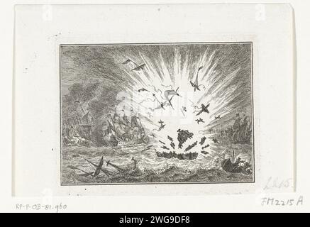 Die Explosion der Eendracht während der Seeschlacht bei Lowestoft, 1665, 1782 – 1784 Druck Zeegevecht for Lowestoft (LESTOFFE) zwischen den Engländern unter dem Herzog von York und den Niederländern unter Wassenaer von Obdam, 13. Juni 1665. Zentral die Explosion von de Eendracht, dem Flaggschiff von Admiraal Wassenaer von Obdam. Nordniederländische Papierätzschlacht (+ Marinestreitkräfte). Schlacht von Lowestoft Stockfoto