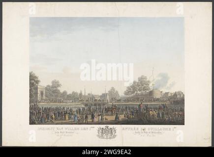 Einkommen von Willem den 1. In der Stadt Brüssel am 30. März 1815 / Entrée de Guillaume 1er dans la Ville de Bruxelles, Le 30 März 1815, 1825 - 1826 Print Ankunft von König Wilhelm I. in Brüssel am 30. März 1815. Die Prozession von Kutschen begleitet von Kavallerie führt durch ein Tor in die Stadt. Am Ende der Titel in Niederländisch und Französisch getrennt durch die Waffe von König Wilhelm I. Teil einer Reihe von Aufzeichnungen über die Ankunft und Einweihung von Wilhelm I. in Brüssel Brüssel Zeitung Etching Triummphal Entry and Public Reception, Pageant, 'feierlicher Eingang', 'Joyeuse Entrance' Brüssel Stockfoto