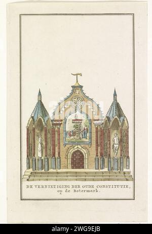 Die Zerstörung der alten Verfassung, Dekoration auf dem Botermarkt, 1795, Noah van der Meer (II) (möglich), 1795 drucken die Zerstörung der alten Verfassung, allegorische Dekoration auf dem Botermarkt in Amsterdam. Aus dem Booklet mit Bildern der Dekorationen, die in der Stadt anlässlich der Feier der Installation der Repräsentanten und der Allianz zwischen der Französischen und der Batavischen Republik gegründet wurden, 19. Juni 1795. Der Ausdruck enthält ein loses Blatt mit einer Erklärung. Niederlande Papierätzfest auf Veranstaltungen von nationaler Bedeutung (+ festliche Dekoration  festi Stockfoto