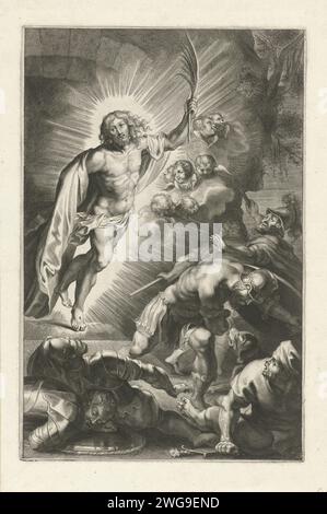 Auferstehung Christi, Theodoor Galle (möglich), nach Peter Paul Rubens, 1612–1616 Druck Christus erhebt sich aus seinem Grab. Engel um ihn herum. Die schlafenden Soldaten wachen auf und sind geflohen. Der Druck ist Teil einer Serie mit Szenen aus dem alten und neuen Testament. Aus dem Grab erhebt sich ein Antwerpener Papiergravur Christus, der normalerweise ein Banner hält; oft kombiniert mit schlafenden und/oder verängstigten Soldaten Stockfoto