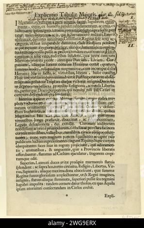 Textblatt zur Titelseite der Pressereihe über den Tod und die Leiche von Maria II. Stuart, Königin von England, 1695, Samuel Gruterus, 1695 Textblatt Textblatt zur Titelseite der Pressereihe über den Tod und die Leiche von Maria II. Stuart, Königin von England, 1695. Erklärung zur Präsentation des allegorischen Titeldrucks im Buch von Samuel Gruterus: Funeralia II Britanniarum, Haarlem 1695. Lateinischer Text auf Vorder- und Rückseite mit verschiedenen Unterstrichen und Notizen in Stift. Gehört zum Druck RP-P-ob-76.272. Nord-Niederlande Papier Buchdruck / Schreibpapier Stockfoto