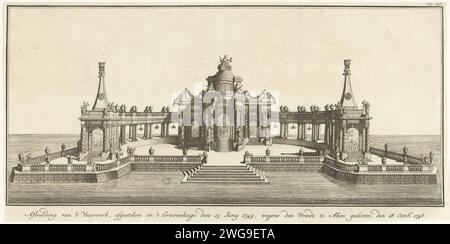 Feuerwerk in den Haag bei der Friedensfeier von Aachen, 1749, 1749 Druckgerüst für das Feuerwerk des Generalstaates im Hofvijver in den Haag am 13. Juni 1749 bei der Friedensfeier von Aachen, abgeschlossen am 18. Oktober 1748. Rechts oben markiert: S. 292. Nordholland Papierätzung Lagerfeuer, Feuerwerk (+ Beleuchtung, Feuerwerk  festliche Aktivitäten) Hofvijver Stockfoto