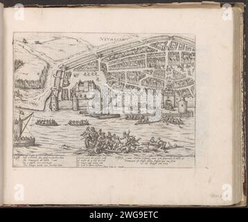 Gescheiterter Angriff auf Nijmegen, 1589, 1589 – c. 1591 Print gescheiterter Angriff auf Nijmegen, 10. August 1589. Martin Schenck ertrinkt im Waal. Episode aus dem Kölner Krieg. Mit 8 Zeilen auf Deutsch und 3 Zeilen auf Französisch. Unten links nummeriert: 258. Der Ausdruck ist Teil eines Albums. Kölner Papierätzer ertränkt, Schiffbrüchiger Nijmegen Stockfoto