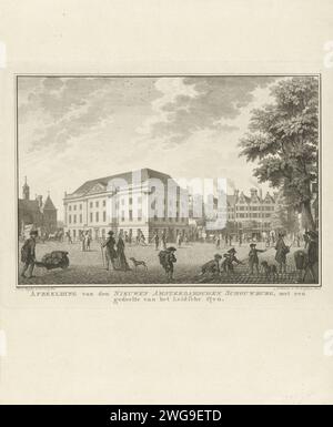 Ansicht der Nieuwe Amsterdamse Schouwburg am Leidseplein, 1774, Noah van der Meer (II), 1774 - 1775 drucken Ansicht der Amsterdamse Schouwburg am Leidseplein am 15. September 1774. Im Hintergrund ist der Leidsepoort. Diese Stadsschouwburg wurde errichtet, um das 1772 auf der Keizersgracht verbrannte Theater zu ersetzen und sich 1890 niederzubrennen. Amsterdamer Theater für Papierätzung/Gravur (Gebäude). Platz, Ort, Zirkus usw. (+ Stadt (-Landschaft) mit Zahlen, Personal). Stadttor Schouwburg Leidseplein (1774-1890). Leidseplein. Leidsepoort Stockfoto