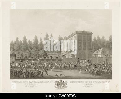 Inhuldiging van willem den 1sten te brussel, den 21. September 1815 (Trein.) / Einweihung der Guillaume 1. In Brüssel, 21. September 1815. (Corned.), 1825 - 1826 Druck feierlicher Eintritt der Prozession zur Einweihung von König Wilhelm I. in Brüssel am 21. September 1815. Ankunft der Hofhütten mit König Wilhelm I., gezogen von acht Pferden. Am Ende der Titel in Niederländisch und Französisch getrennt durch die Waffe von König Wilhelm I. Teil einer Reihe von Aufzeichnungen über die Ankunft und Einweihung von Wilhelm I. in Brüssel. Brüsseler Zeitung Etching Triummphal Entry and Public Reception, Pageant, "feierlich e Stockfoto