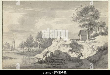 Landschaft mit Figuren Holzhacken am Ufer eines Flusses, Jan van Aken, um 1652 Zeichnung einer hügeligen Landschaft mit Holzfällern an den Ufern eines Flusses. Amsterdam (möglicherweise) Papier. Kreidepinsel am Stadtrand (+ Stadt (-Landschaft) mit Figuren, Personal). Holzschnitt, Holzfäller  Forstwirtschaft Stockfoto