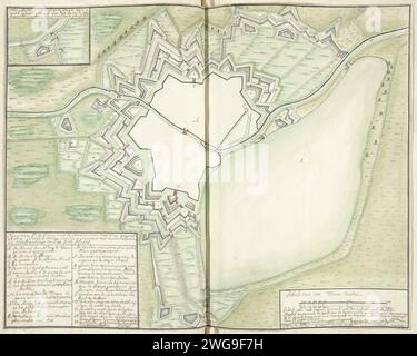 Karte von Saint-Ghislain, 1711, 1711 Zeichnung. Textblatt Karte der Stadt Saint-Ghislain mit den neuen Verstärkungen, die 1711 gelandet wurden. Unten links der Titel und die Legende A-X auf Niederländisch. Unten rechts die Skala und ein Querschnitt des Rotlichtviertels. Die Zeichnung enthält ein separat gefaltetes Blatt mit einer Erklärung des Ingenieurs Seys, warum die Pläne für die neuen Befestigungsmauern erstellt wurden. Teil einer Sammlung unterschriebener Pläne von verstärkten Orten in den Niederlanden und den umliegenden Ländern zur Zeit des Spanischen Erbfolgekrieges (Teil C). Niederlande Papierkarten von Städten. Festung Sai Stockfoto