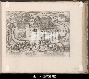 Aufnahme von Schloß Poppelsdorf bei Bonn, 1583, 1587 - ca. 1591 Druckaufnahme von Schloß Poppelsdorf in Bonn, 14. November 1583. Episode aus dem Keulse-Krieg. Mit 8 Zeilen auf Deutsch und 4 Zeilen auf Französisch. Unten links nummeriert: 195. Der Ausdruck ist Teil eines Albums. Kölner Papiergravur Eroberung der Stadt (nach der Belagerung) Poppelsdorf Stockfoto