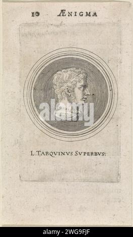 Portret Van Lucius Tarquin, Raphael Sadeler (2), 1623 Druck Kop van Lucius Tarquinius Superbus, letzter König von Rom. Auf eine antike Währung aus der Zeit des Römischen Reiches. Verlag: München Drucker: Ingolstadt Papiergravur / Buchdruck Münze. Tarquinius Superbus - Porträt einer Person aus der klassischen Geschichte Stockfoto