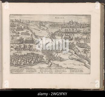 Bergen belagert von Alva, 1572, 1574 – ca. 1578 Drucken Bergen (Mons) im Hennegau belagert von der Armee von Alva, 18. August 1572. Die Stadt wurde von den Truppen Ludwigs von Nassau besetzt. Die Armee von Willem van Oranje kommt von der Linken, um die Stadt zu erschrecken. Mit einer Unterschrift von 8 Zeilen auf Deutsch. Unten links nummeriert: 79. Der Ausdruck ist Teil eines Albums. Kölner Papierstich, Kampf im Allgemeinen. Belagerung, Position war Bergen (Belgien) Stockfoto