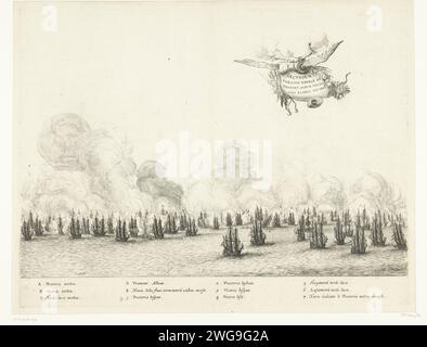 Zweiter Kampf mit der portugiesischen Flotte in Cabo Blanco, 1640, 1645 - 1647 Drucken zweiter Kampf zwischen der Flotte der WIC unter Willem Cornelisz. Loos mit der portugiesischen Flotte unter Graaf de la Torre in Cabo Blanco (Branco), vor der Küste von Salvador (Bahia), 13. Januar 1640. In der Luft ein geflügelter Banderol mit dem Titel und zwei Rauchhörnern. In der Unterschrift die Erläuterung der Buchstaben A-E und der Zahlen 1-7 in lateinischer Sprache. Platte [Nr. 43] in einer Serie von 55 Aufführungen von der Tour nach Brasilien und dem Aufenthalt in Brasilien von Graf Johan Maurits van Nassau in den Jahren 1636-1644. Nördliche Niederlande Papierätzung Stockfoto