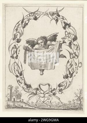 Titelseite: Goudsmiden Blumensträuße über Landschaften, Balthazar Moncornet, nach Balthasar le Mersier, 1626 Druck Putto in Krans, eine Leinwand mit dem Namen des Designers und des Graveurs. Der Putto hat eine Kette in der einen Hand und Burrinen in der anderen. Unter dem Kranz hängen Goldschmiedewerkzeuge. Paris (möglicherweise) Papiergravur/Ätzung Stockfoto
