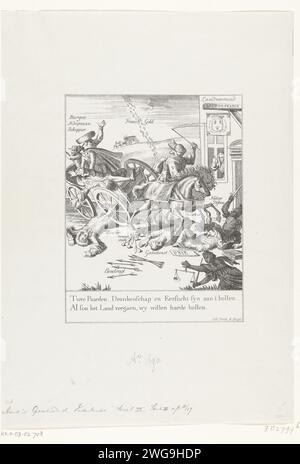 Cartoon on the angeblichen French-Mindedness of Amsterdam, 1690, 1877 – 1879 gedruckte Reproduktion eines Cartoons über Uneinigkeit zwischen Wilhelm III. Und der Stadt Amsterdam im Jahr 1690 aufgrund der angeblichen französischen Denkweise der Stadt. Allegorie mit einer herabfallenden Kutsche, die von einem Reiter mit verbundenen Augen gesäumt wird, dessen Mantel mit französischen Lilien verziert ist und von den beiden ausgerissenen Pferden Trunkenheit und Ehrgeiz gezogen wird. Die Pferde zertreten Religion, Orangen Äpfel, notwendige Verteidigung, Heimat und union; Rentier, Bürger, Händler und Kapitän fallen aus dem Auto. In der Bildunterschrift ein Vers aus zwei Zeilen. Druckerei: Netherlan Stockfoto