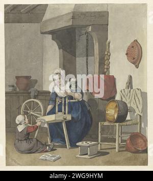 Innenraum mit einer sich drehenden Frau mit Kind, W. Barthautz, Zeichenpapier 1796. Aquarell (Farbe). Pinselspinnen (Herstellung von Garnen) Stockfoto