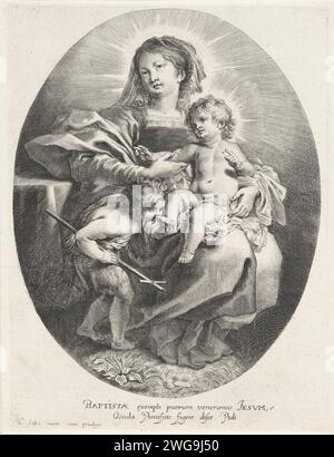 Sitzende Maria mit Christkind und Johannes de Boper, Hans Witdoeck, nach Cornelis Schut (I), 1625 - 1642 Druck Antwerpener Papierstich Maria und das Christkind mit Johannes dem Täufer (als Kind) Stockfoto