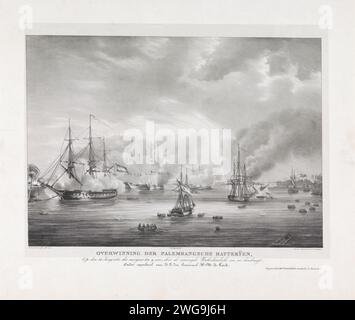 Sieg auf Palembang, 1821, Anonym, nach Pieter le Comte, 1821 Druckbeschuss der Küstenbatterien auf dem Fluss Palembang auf Sumatra durch niederländische Kriegsschiffe unter dem Kommando von General H. M. de Kock, 24. Juni 1821. Nach Entwurf: Netherlandsprinter: AmsterdamVerlag: Amsterdam. Schlacht (+ Marinestreitkräfte) Palembang Stockfoto