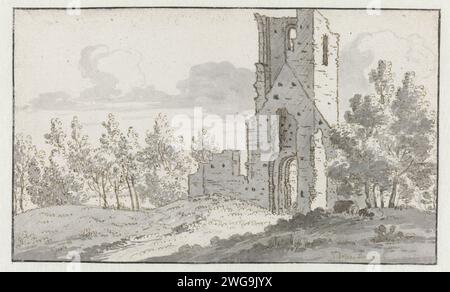 Die Ruine der Eik-en-Duinen-Kapelle bei den Haag, Josua de Grave, 1677 Zeichnung der Ruinen der Eichen- und Dünenkirche in den Haag. Das Haager Papier. Bleistift. Tintenstift-/Pinsellandschaft mit Ruinen. Kirche (außen). Ruine eines Gebäudes  Architektur Ruine der Kirche aus Eiche und Dünen. Den Haag Stockfoto
