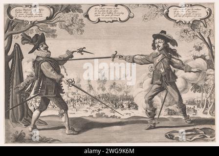 Zwei duellierende Adlige mit Schwertern auf einem Schlachtfeld, Anonym, um 1615 - nach 1670 drucken zwei Adlige kreuzen die Schwerter, mit Schlacht im Hintergrund und links im hinteren Teil der Stadt Turin. Frankreich Papiergravur / Ätzzaun (Sport). Duell anstelle des Kampfes. Hacker- und Schubwaffen: rapier Turin Stockfoto