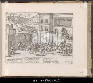 Wedding Van Turenne and the Intake of Stenay, 1591, 1591 - 1593 Print Wedding of Henri, Vicomte de Turenne with Charlotte de la Marck in Sedan and the Intake of Stenay, 27. Oktober 1591. Sehen Sie sich im Palast mit den Hochzeitsfeiern, die Truppen oben links gehen nach Astenay. Mit 12 Zeilen auf Deutsch. Untere Nummer: 280. Der Ausdruck ist Teil eines Albums. Kölner Papier ätzt Hochzeitsfest, Hochzeitsmahl seitdem. Stenay Stockfoto