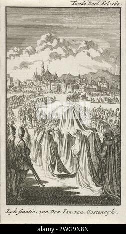 Leiche von Don Juan van Austria, 1578, 1697 – 1699 Druck Don Juan van Austria, der an der Pest starb, 1. Oktober 1578. Die Leiche wandert über einen Platz in Richtung einer Kirche. Nördliche Niederlande Papierätzkortege, Trauerprozession Stockfoto