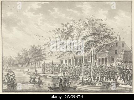 Abfahrt von den Amsterdammers nach Utrecht, 1787, Daniël Kerkhoff, 1787 Zeichenansicht des Herberg Berebijt auf der Amstel, wo Binnenschiffe mit den 600 bewaffneten Amsterdamer Bürgern und Abreise nach Utrecht, 17. Juli 1787. Anhänger der Zeichnung mit der Ankunft in Utrecht. Design für einen Druck. Papier aus den nördlichen Niederlanden. Tintenstift / Pinsel schwenken Abschied  Abfahrt auf einer Reise (+ Antrieb von Fahrzeug, Schiff usw. bis ...) Herberg de Berebijt. Amstel (Fluss) Stockfoto