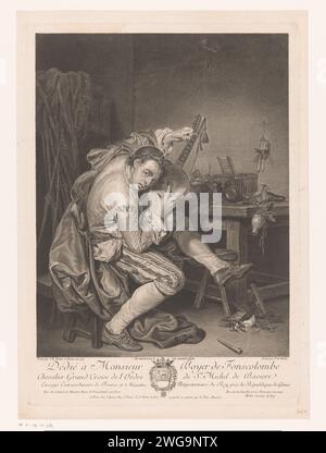 Gitarrist wählt seine Gitarre Pierre Etienne Moitte, nach Jean-Baptiste Greuze, 1757–1780 Druck nach Malerei von: Romepublisher: Paris Papiergravur / Ätzung Cithern, Mandoline, Gitarre, Balalaika. Musiker. Einstellen eines Instruments Stockfoto