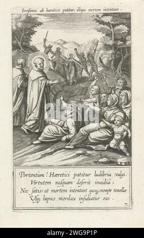 Verspottet und Fans des Heiligen Dominikus, Theodoor Galle, nach Pieter de Jode (I), nach Joannes Nys, 1611 drucken der Heilige Dominikus wird verspottet und geschlagen in seinem Kampf gegen die Albigenzen. Der Druck hat eine lateinische Inschrift und Bildunterschrift und ist Teil einer Pressereihe für ein Buch über das Leben des Heiligen Dominikus. Druckerei: Antwerpen Zeichnung von: Antwerpen Design von: AntwerpPolandVerleger: Antwerpen Papiergravur Dominic(US) Guzman von Calerueja, Gründer des Predigerordens (oder Dominikanerbrüder); mögliche Attribute: Buch, Hund mit brennender Fackel, Lilie, Brotlaib, Rosenkranz, St. Stockfoto