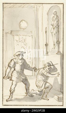 Don Quixote schlägt Sancho Panza zu Knight, Caspar Luyken, 1694–1696 Zeichnung Don Quixotte schlägt Sancho Panza in einer Kirche nieder, um eine Heiligenstatue zu erhalten. Design für einen (Titel-)Ausdruck. Papier. Tintenstift / Pinsel Sancho Panza. Ritter werden, Ritter. Don Quijote Stockfoto