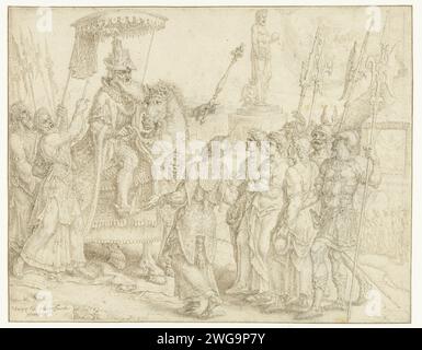 Beschwerde gegen die drei Jugendlichen Sadrach, Mesach und Abed-nego, Maarten van Heemskerck, 1564 Zeichnung links Nebukadnezar unter einem von mehreren Männern aufgehaltenen Buschland. Rechts ein Priester der Chaldäer, der drei Männer für den König nimmt. In der Ferne rechts das goldene Idol, das sie nicht anbeten wollen (Daniel 3,13). Design für einen Druck. Papier. Tinte. Kreideschreiber die Geschichte der drei Hebräer im Feuerofen (Daniel 3) Stockfoto