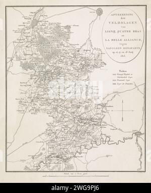 Plan der Schlachten bei Quatre-Bras und Waterloo, 16-18. Juni 1815, Johannes Fredericus lange, 1815-1816 drucken Karte der Region zwischen Brüssel und Charleroi, wo zwischen dem 16-18. Juni 1815 Lattenkämpfe mit Ligny, Quatre-Bras und Waterloo zwischen den Armeen der Alliierten und der französischen Armee unter Napoleon stattfanden. Die Muster der Armeen sind auf der Karte angegeben. Niederlande Papier zum Ätzen/Gravieren von Karten von verschiedenen Ländern oder Regionen. Battle Arrays Belgien Stockfoto
