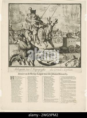 Cartoon on the Joint fight of Lodewijk XIV. And Jacobus II., 1689, Romeyn de Hooghe (zugeschrieben), nach Romeyn de Hooghe, 1689 Print Cartoon on the Joint fight of the Holy League of Louis XIV and Jacobus II, 1689. Ludwig XIV. (Harlekijn) und Jacobus II. (Pamirge) saßen unter einem Hut auf einem Eselkampf gegen die Protestanten. Im Vordergrund Pater Peters (Edward Petre) mit dem armen Kind auf einem Hummer, rechts der Dauphin in einer Kiste auf der Rückseite eines Weges. Vorne rechts fiel der Bischof von Straßburg von seiner Schildkröte. Ihr törischer Kampf wird als Jesuitischer Kreuzzug dargestellt. Auf dem Ri Stockfoto