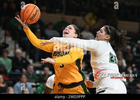 Leah Mackenzie (3) wird vom North Dakota Fighting Hawks Center Destinee Oberg (23) während eines Basketballspiels der NCAA Women's Summit League zwischen dem North Dakota State Bison und der University of North Dakota Fighting Hawks im Betty Engelstad Sioux Center in Grand Forks bekämpft. UND am Samstag, 3. Februar 2024. NDSU gewann 101:85.Russell Hons/CSM Stockfoto