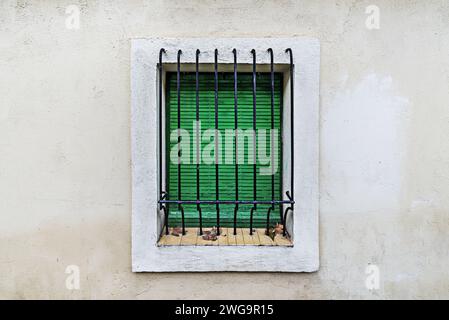 Eine Wand eines Gebäudes mit einem Fenster mit schwarz lackierten Gittern und alten Holzläden, die grün lackiert sind Stockfoto