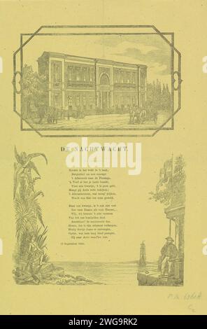 KermisStrent der Amsterdam Night Watch for the Year 1864, Anonym, 1864 Print KermisSprent der Amsterdam Night Watch (Ratelwacht), 12. September 1864. Im Zentrum ein Gedicht, darüber ein Gebäude von Artis, unten links eine Landschaft mit einem Original Amerikaner, rechts ein Kai mit einem Seemann. Niederländisches Papier Buchdruck der Ureinwohner Amerikas. Seemann: Seemann Amsterdam. Artis Stockfoto