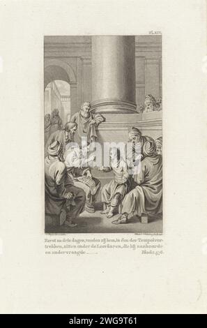12-jähriger Christus im Tempel, Reinier Vinkeles (I), nachdem Jacobus kauft, 1797 Druck der 12-jährige Christus ist unter den Gelehrten im Tempel und stellt ihnen Fragen. Amsterdamer Papier ätzt / graviert Christi Streit mit den Ärzten im Tempel; er zählt seine Argumente an seinen Fingern Stockfoto