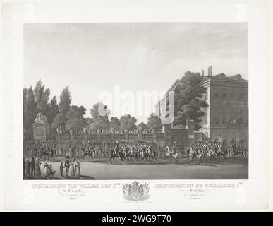 Inhuldiging van willem den 1sten te brussel, den 21. September 1815 (Trein.) / Einweihung der Guillaume 1. In Brüssel, 21. September 1815. (Corned.), 1825 - 1826 Druck feierlicher Eintritt der Prozession zur Einweihung von König Wilhelm I. in Brüssel am 21. September 1815. Die Kavallerie schließt die Prozession. Am Ende der Titel in Niederländisch und Französisch getrennt durch die Waffe von König Wilhelm I. Teil einer Reihe von Aufzeichnungen über die Ankunft und Einweihung von Wilhelm I. in Brüssel. Brüsseler Zeitung Etching Triummphal Entry and Public Reception, Wettbewerb, "feierlicher Eingang", "Joyeuse Entrance" Brüssel Stockfoto