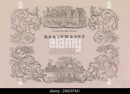 KermisStrent der Amsterdamer Nachtwache für das Jahr 1858, Friedrich Robert Prinz, 1858 Druck KermisStrent der Amsterdamer Nachtwache (Ratelwacht), 13. September 1858. Oben und unten Darstellungen des Weesperpoorts und Muiderpoorts in Amsterdam, links und rechts. Zentrales Gedicht. Niederlande Papier Buchdruck Nachtpatrouille Amsterdam. Zweiter Muiderpoort. Weesperpoort Stockfoto